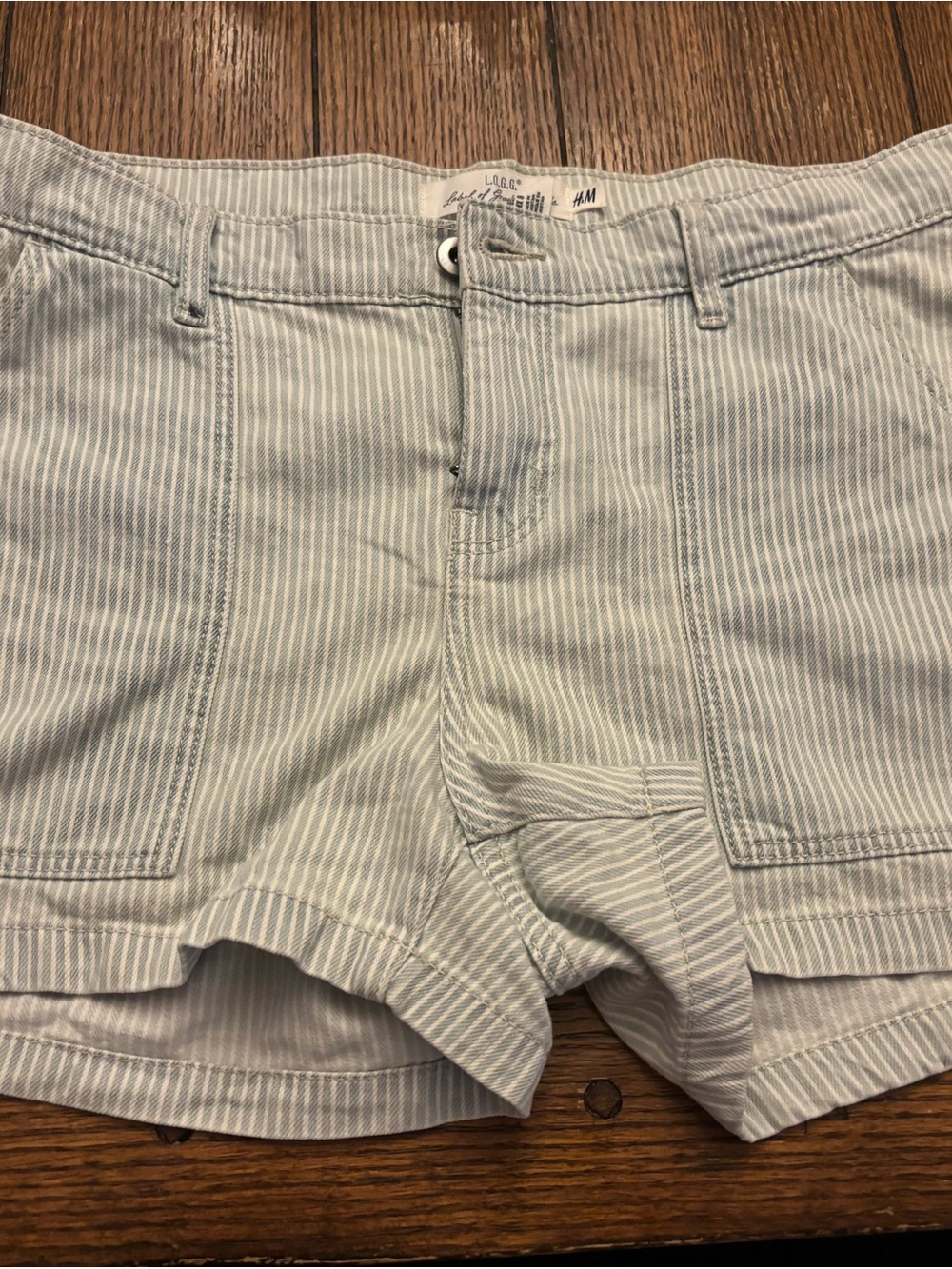 H&M Light Blue and White Pinstripe High-Waist Women’s Shorts